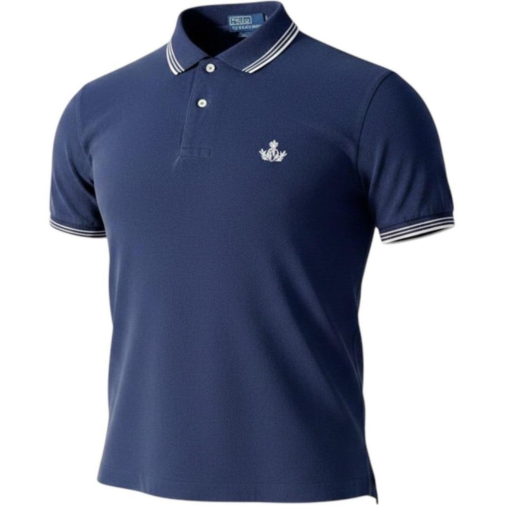 Polo Ralph Lauren Mens Navy Blue Crest Logo Striped Collar Pique Polo Shirt L